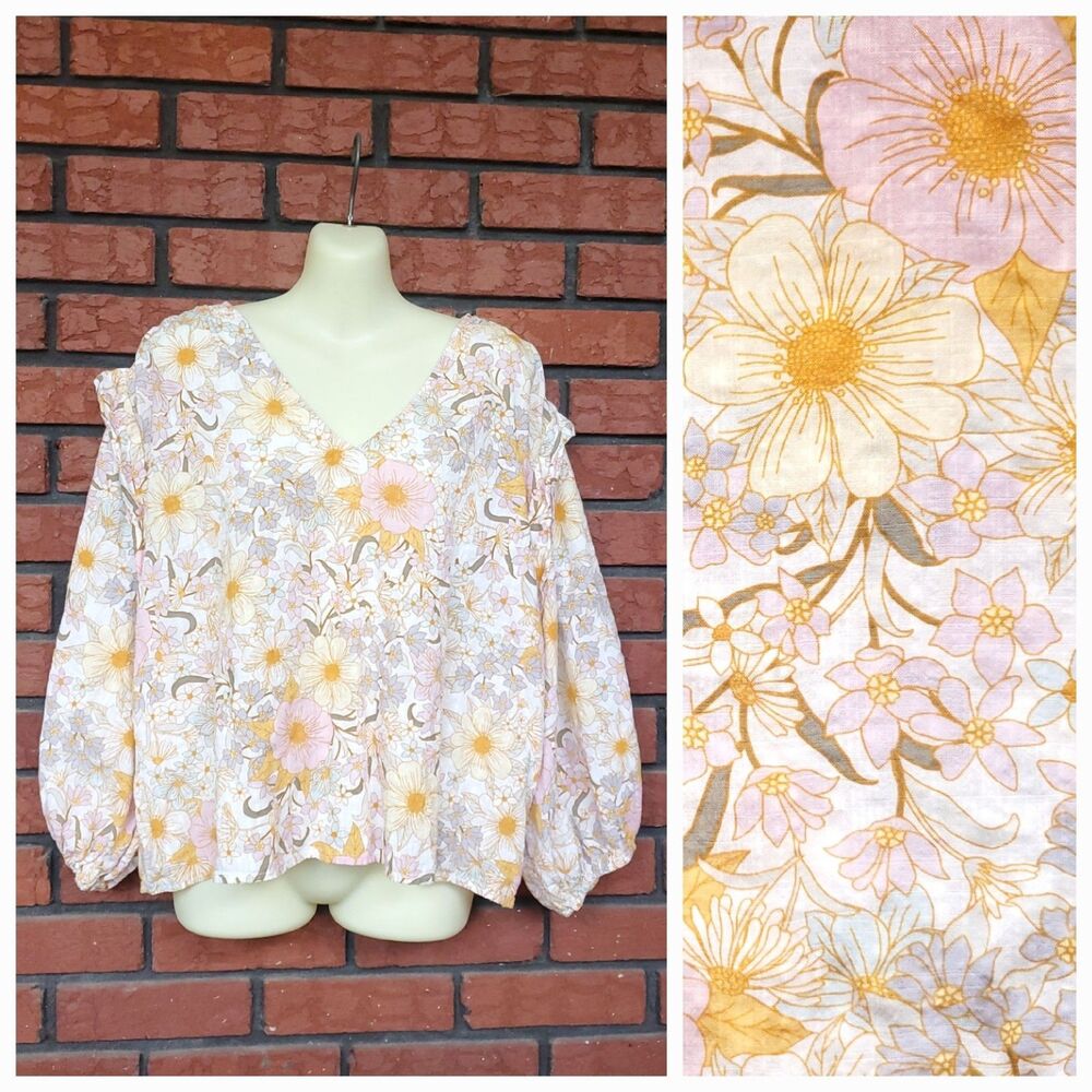 Floral Peasant Blouse Sz XXL Cotton Blend 3/4 Puff Sleeve V Neck Ruffle Boxy